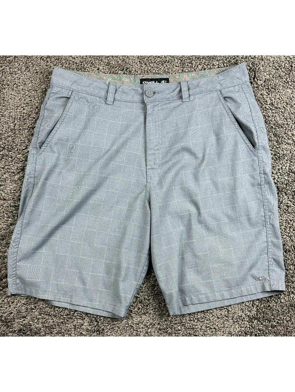 O'Neill Shorts Mens Grey/Blue Plaid Hybrid Stretch Chino Walk Shorts Sz 36